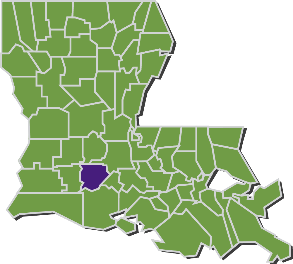 Map of Louisiana parishes with Acadia parish highlighted in purple.