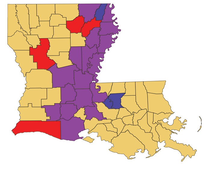 Photo of Louisiana map Parishes with strobilurin (red), benzimidazole