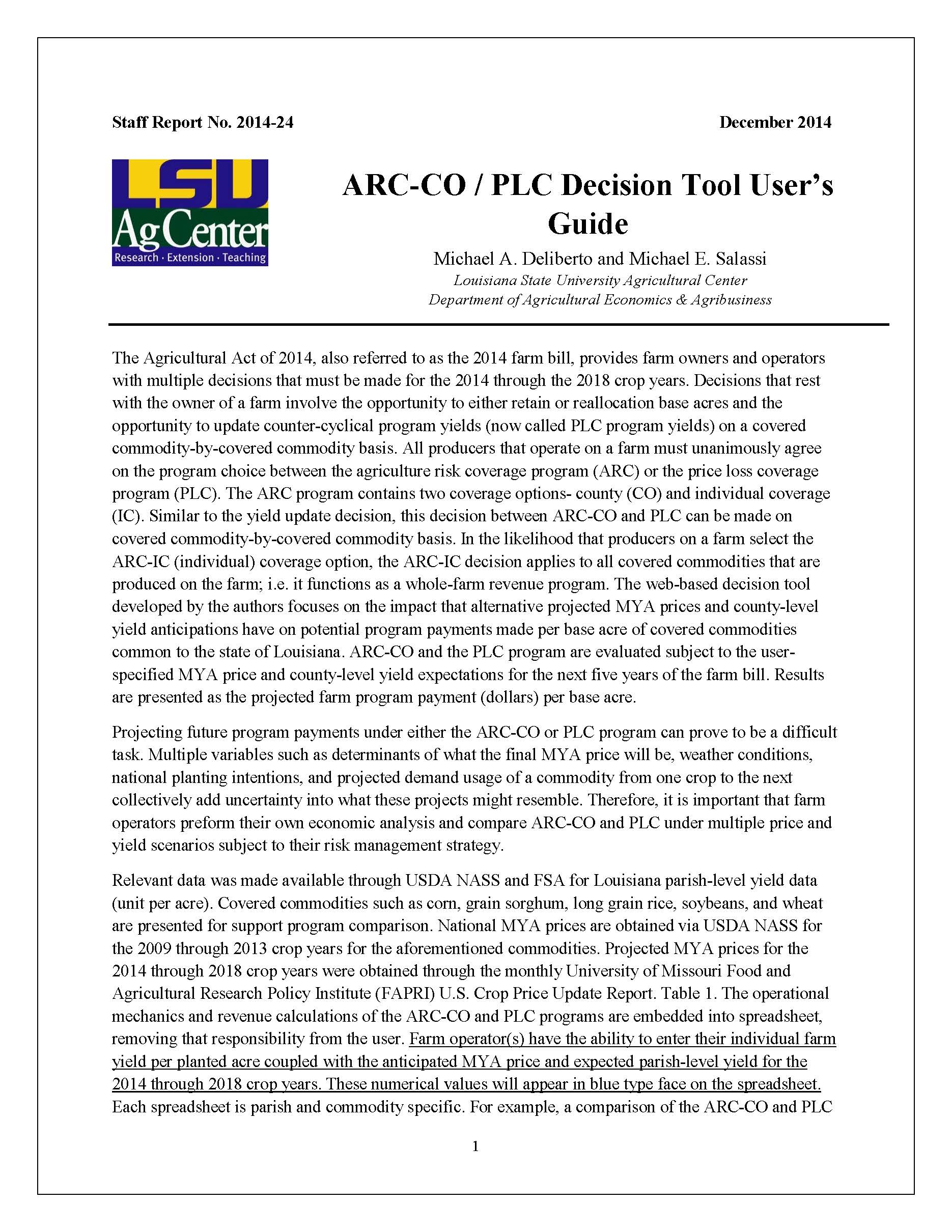 ARC-CO / PLC Decision Tool Users Guide