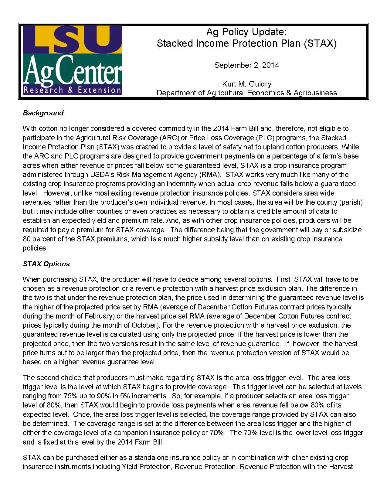 Ag Policy Update: Stacked Income Protection Plan (STAX)