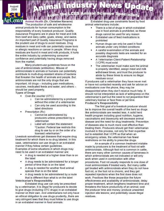 Animal Industry News Update August 2006