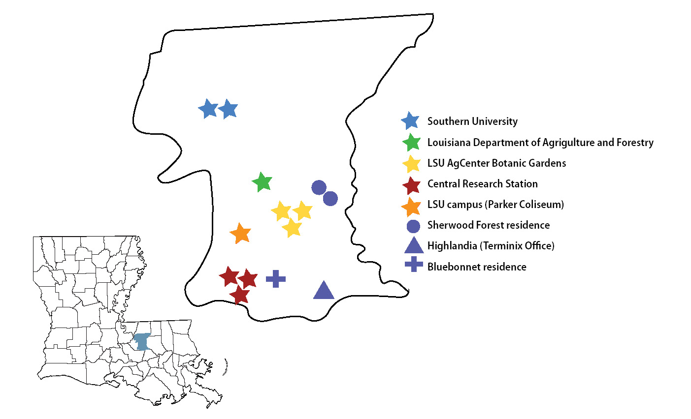 Figure 2. East Baton Rouge parish map showing trap locations.