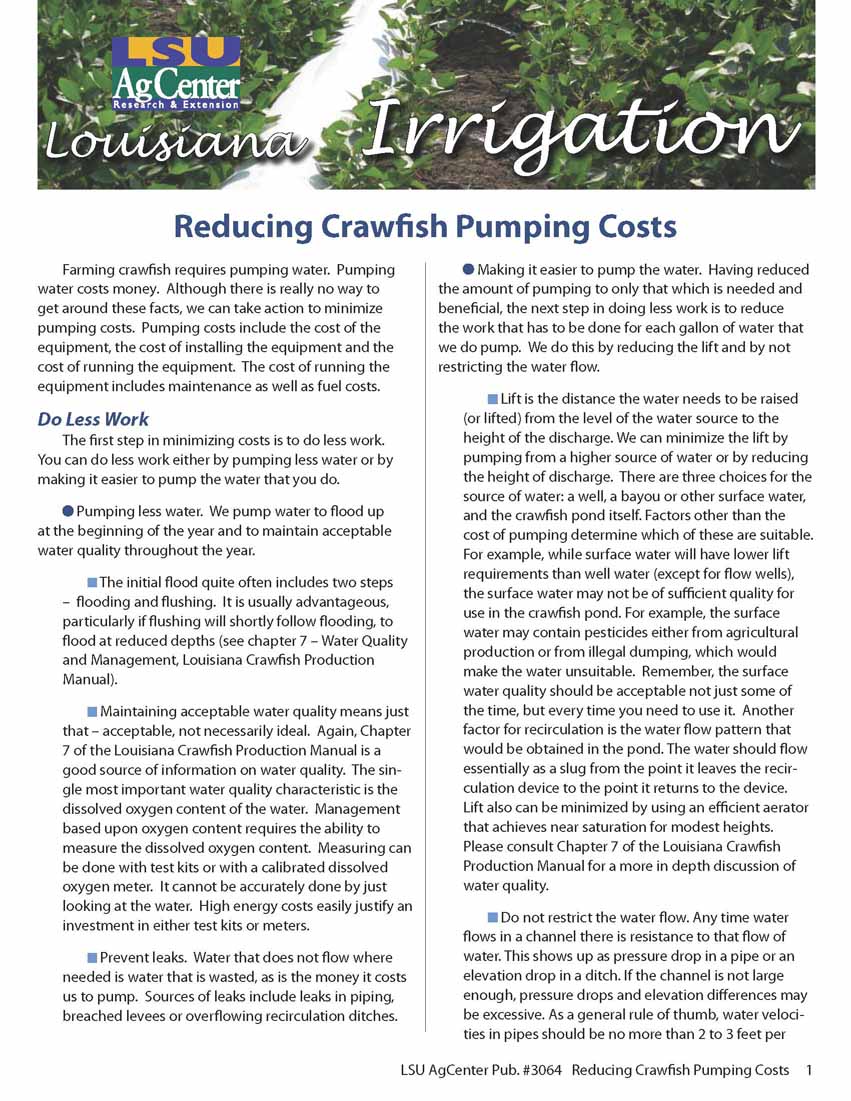 Louisiana Irrigation:  Reducing Crawfish Pumping Costs