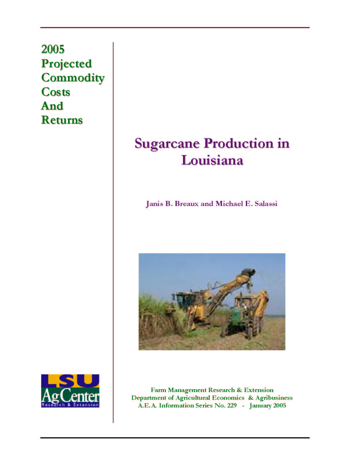 2005 Projected Louisiana Sugarcane Production Costs