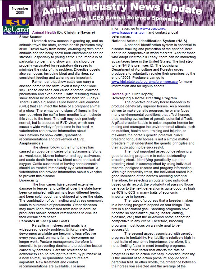 Animal Industry News Update November 2005