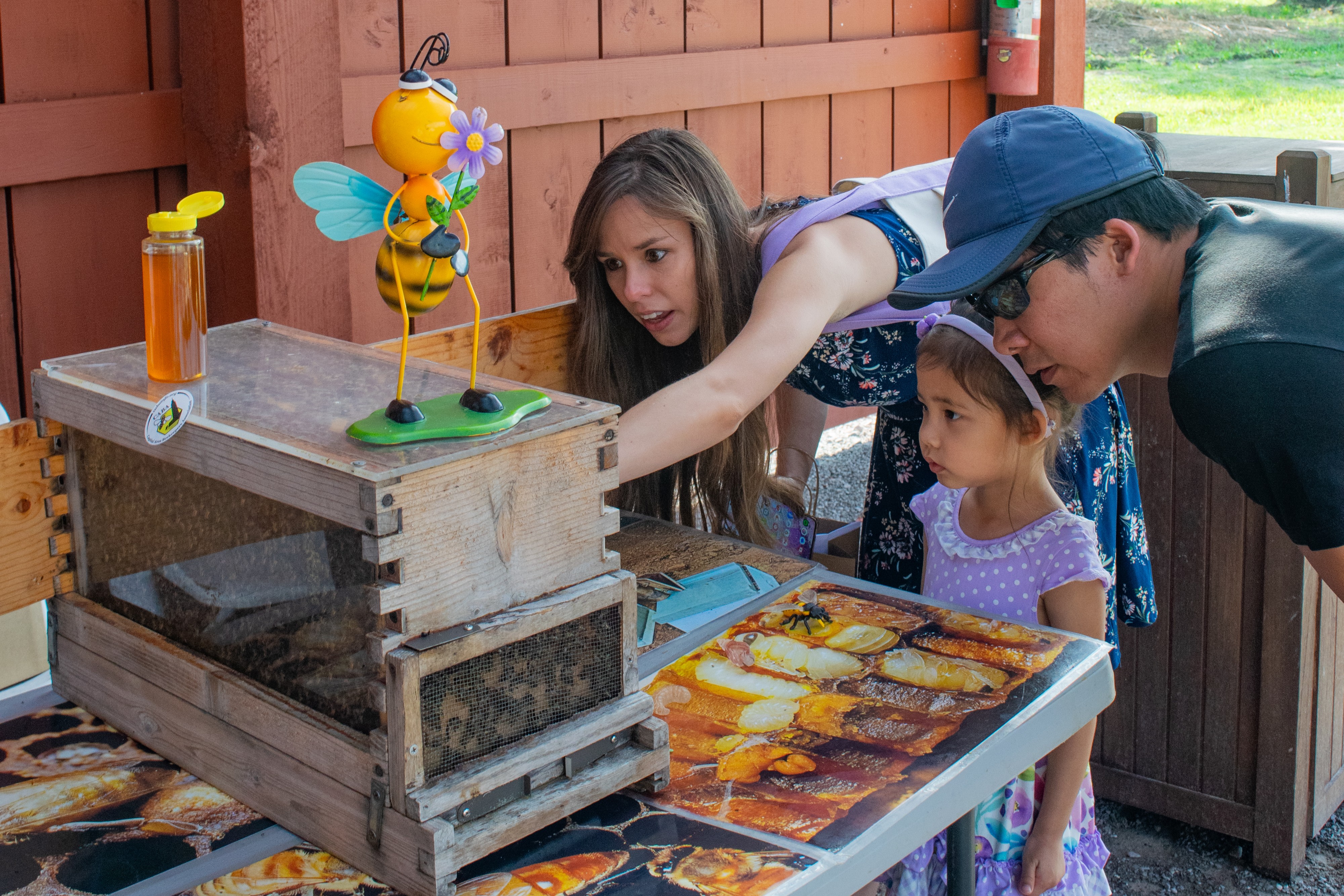 A family of three looking at an exhibit at the Burden Children Garden Party.