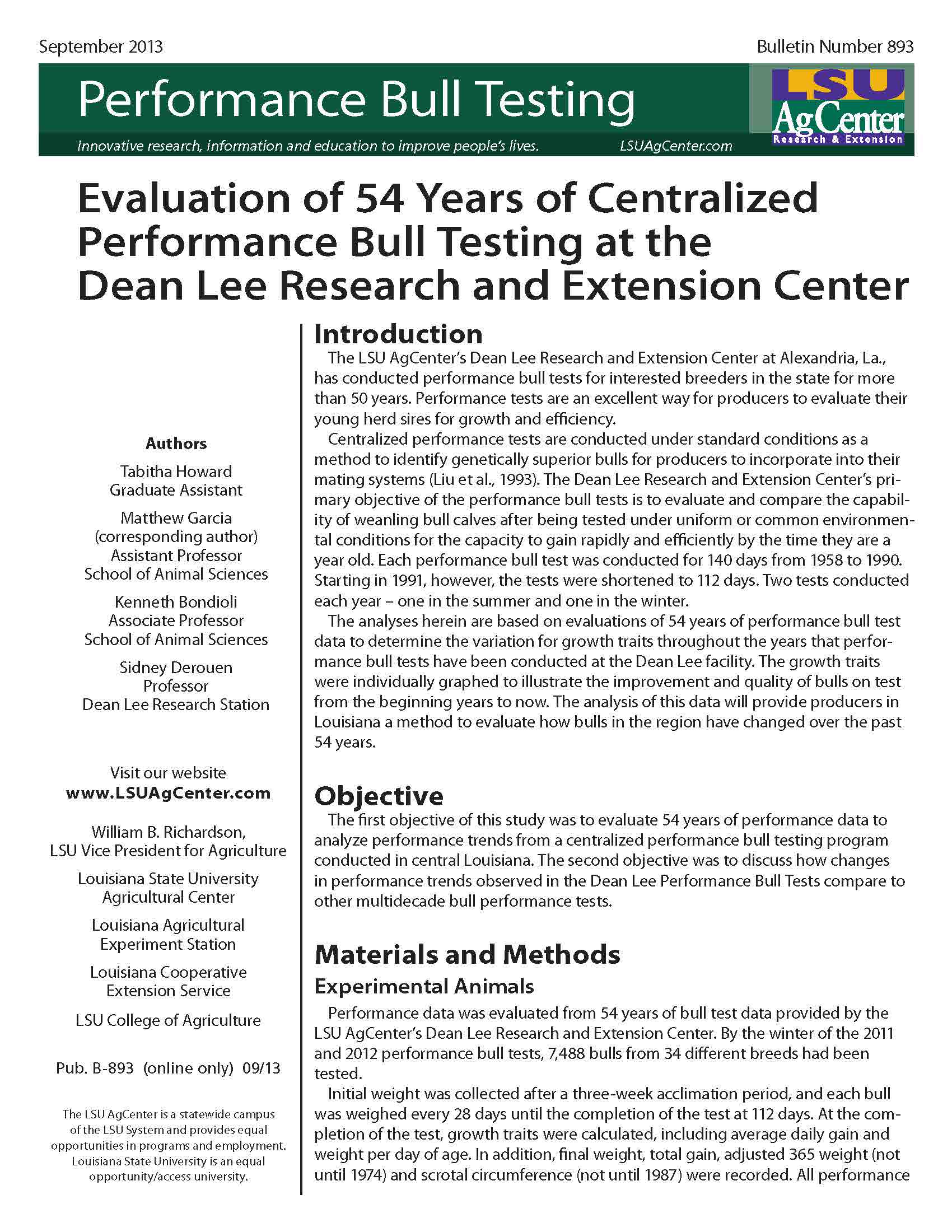 Evaluation of 54 Years of Centralized Performance Bull Testing at the Dean Lee Research and Extension Center