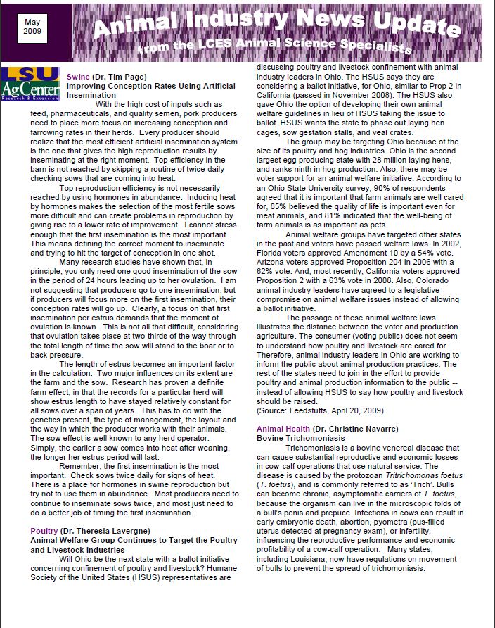 Animal Industry News Update May 2009