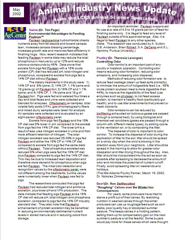 Animal Industry News Update May 2002