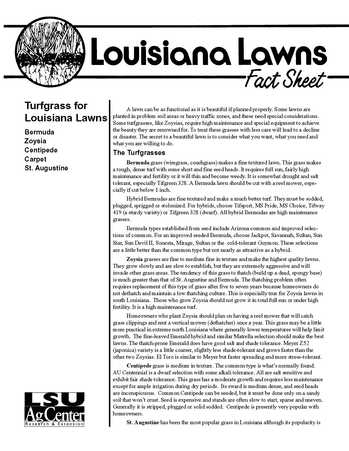 Louisiana Lawns Fact Sheet:  Turfgrass for Louisiana Lawns