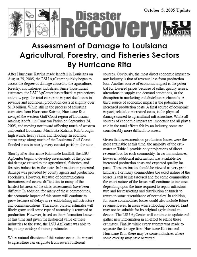 Disaster Recovery: Assessment of Agricultural Damage Caused by Hurricane Rita