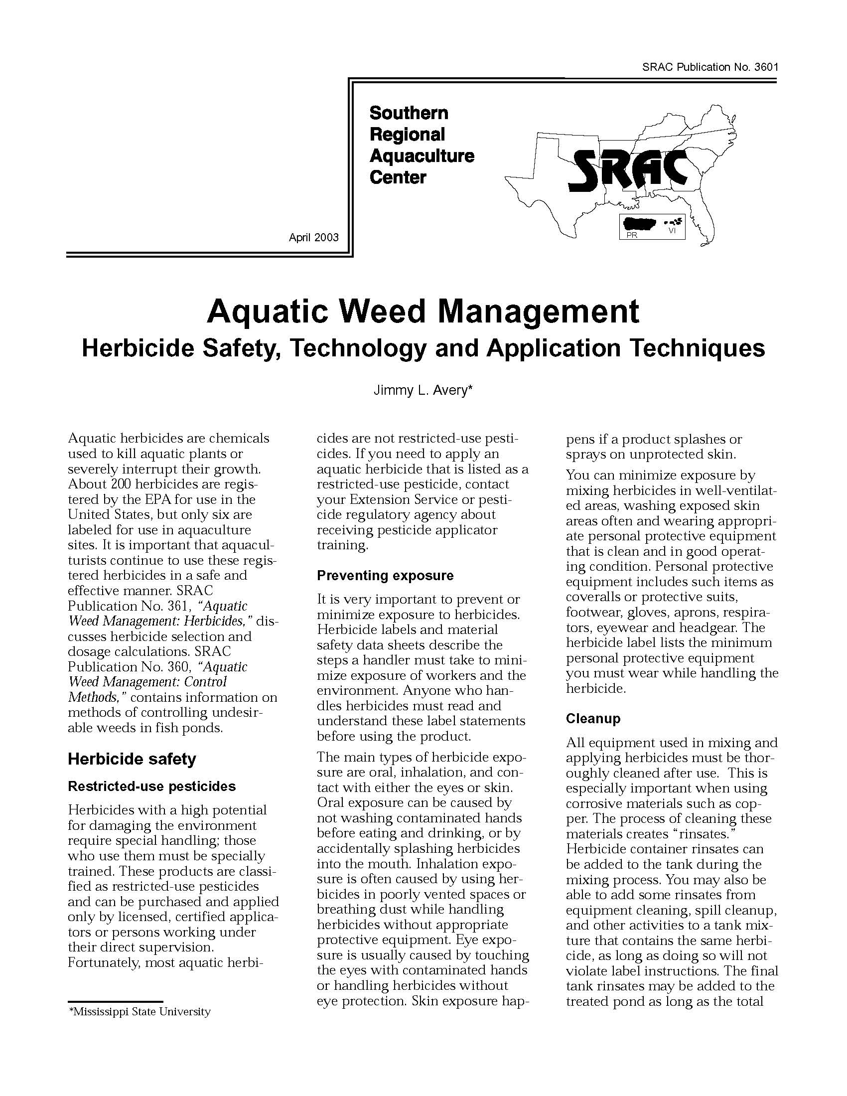 Aquatic Weed Management:  Herbicide Safety Technology and Application Techniques
