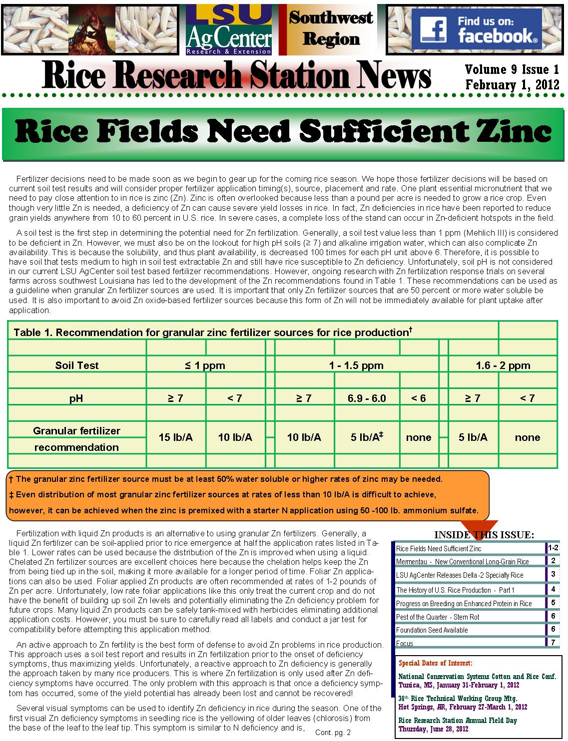 2012 Rice Research Newsletters