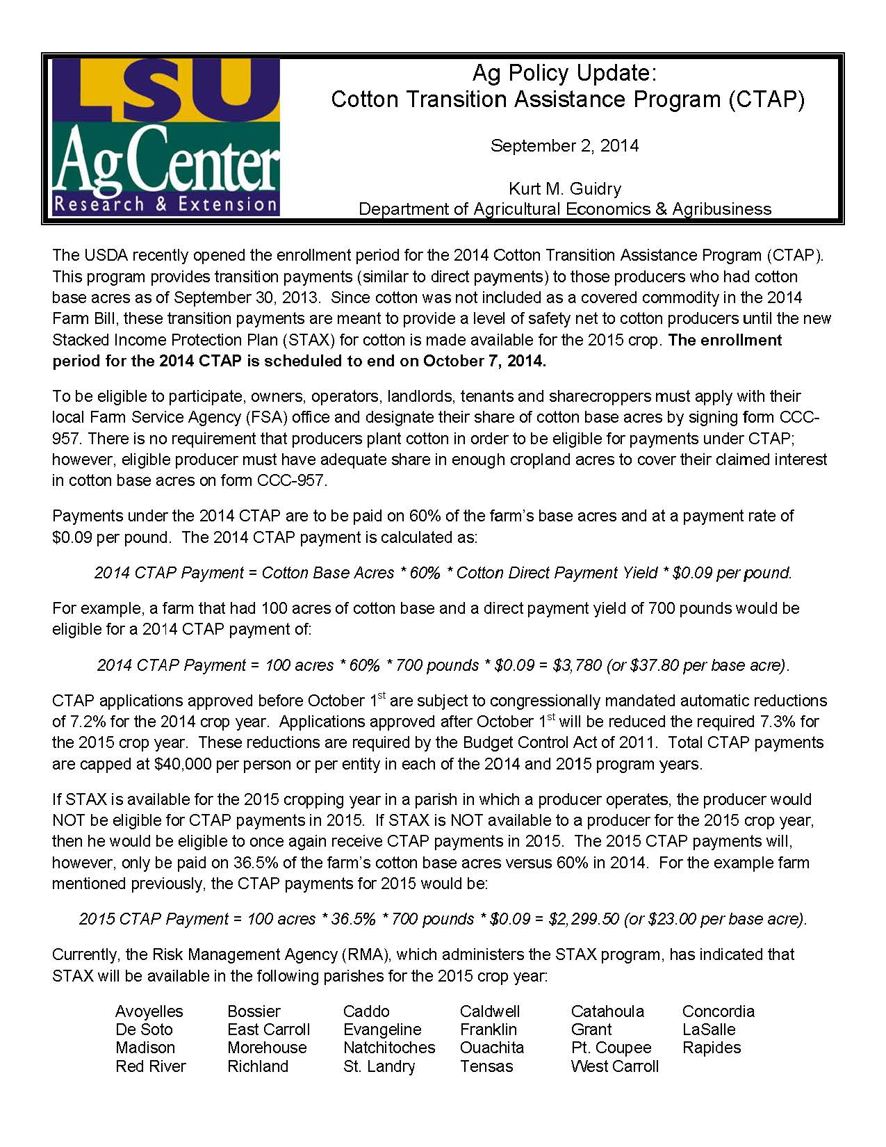 Ag Policy Update: Cotton Transition Assistance Program (CTAP)