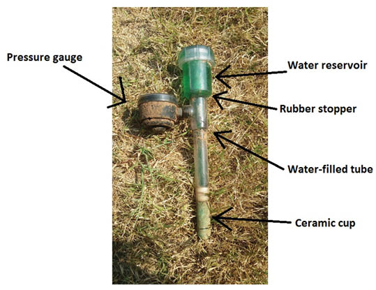 A tensiometer displayed on grassy soil with labels and arrows pointing to the pressure gauge on the left, water reservoir, rubber stopper, water-filled tube, and ceramic cup from top to bottom on the right.