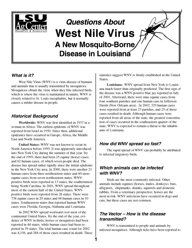 West Nile Virus -  A New Mosquito-Borne Disease in Louisiana