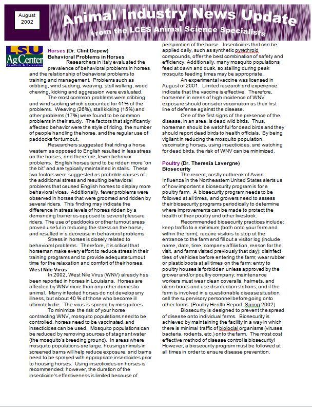 Animal Industry News Update August 2002