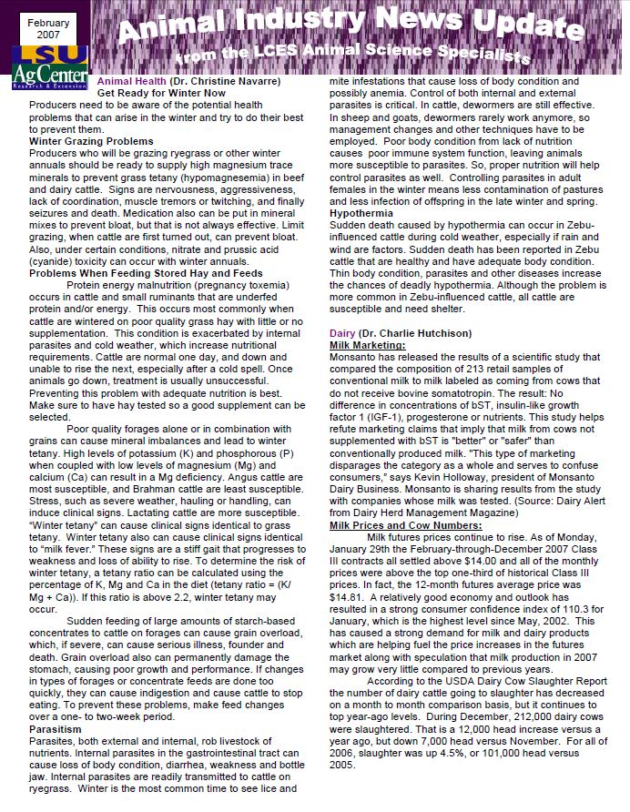 Animal Industry News Update February 2007
