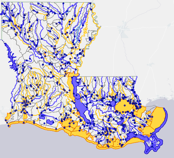 Map of Louisiana showing an extensive network of waterways and monitoring locations. Blue lines represent rivers and streams, and orange areas indicate coastal or low-lying regions. Numerous dark blue dots are distributed across the state, representing water monitoring or sampling stations. The highest concentrations of these dots are in southeastern Louisiana near the Mississippi River Delta and coastal areas. Major water bodies like lakes and bayous are shaded in light blue. The background is a light gray base map with faint outlines of neighboring states and no additional text or legend visible.