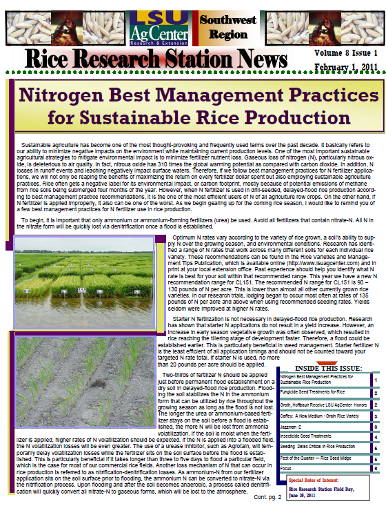 2011 Rice Research Station Newsletters