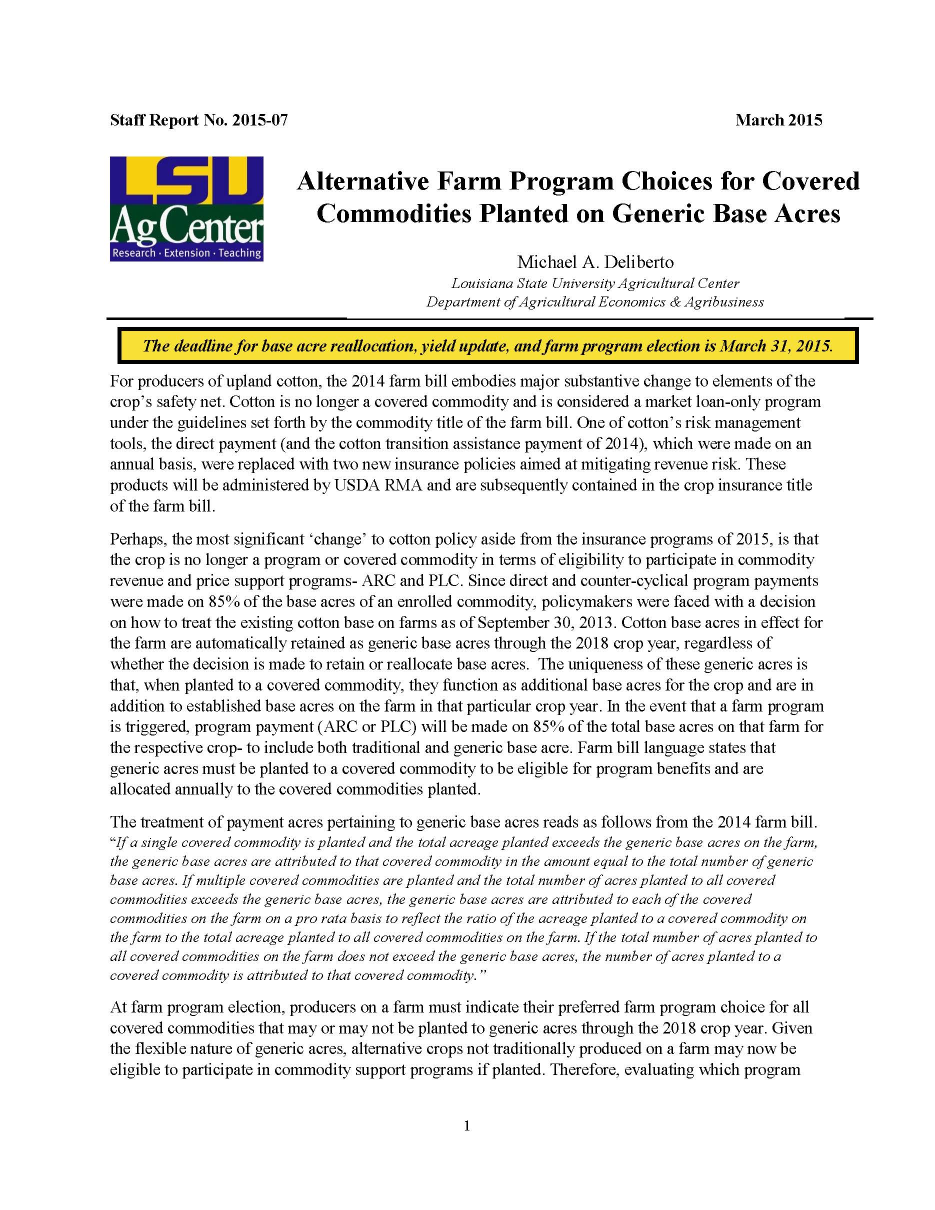 Alternative Farm Program Chocies for Covered Commodities Planted on Generic Base Acres