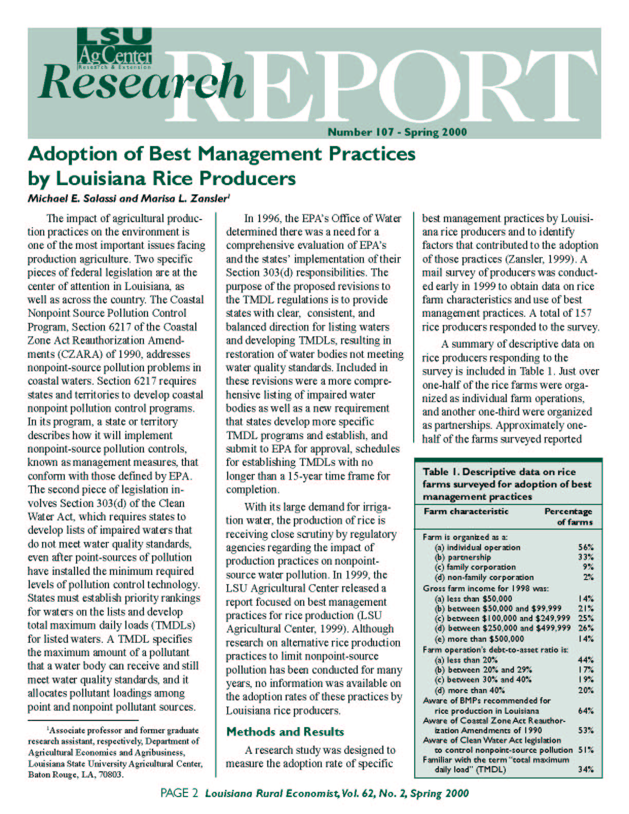Adoption of Best Management Practices by Louisiana Rice Producers (Spring 2000)