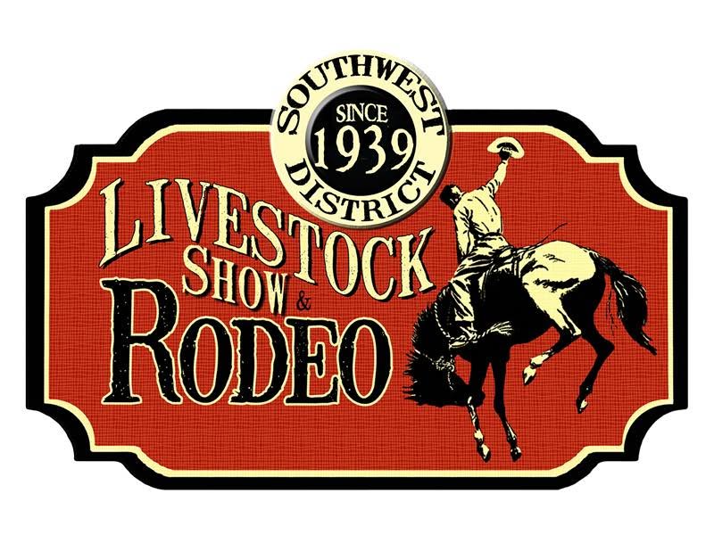 Southwest District Livestock Show and Rodeo logo featuring a rodeo rider on a bucking horse and the text “Southwest District Livestock Show & Rodeo, Since 1939.”