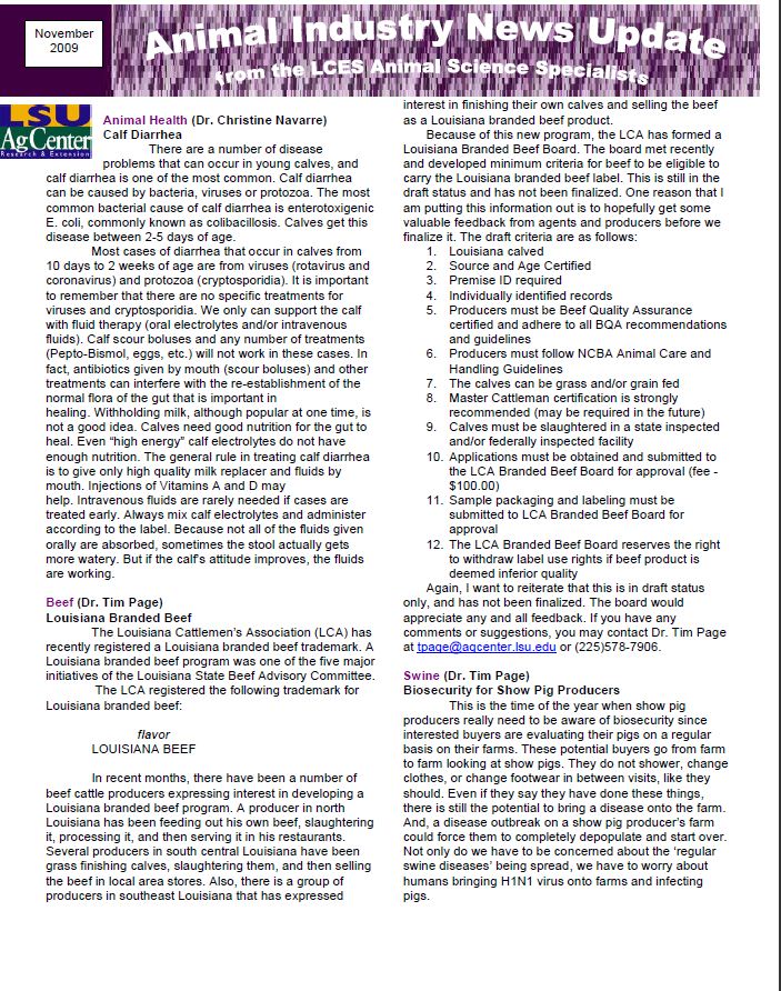 Animal Industry News Update November 2009