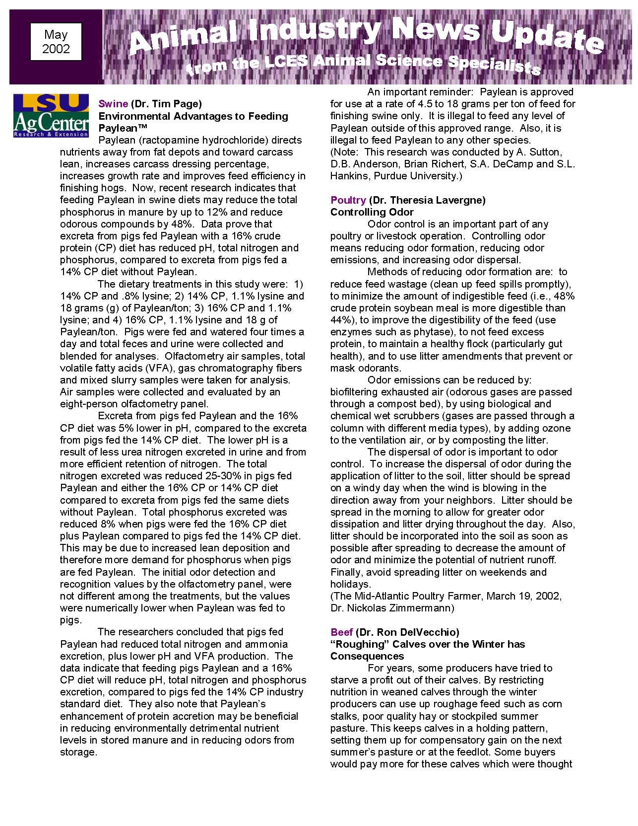 Animal Industry News Update from the LCES Animal Science Division May 2002