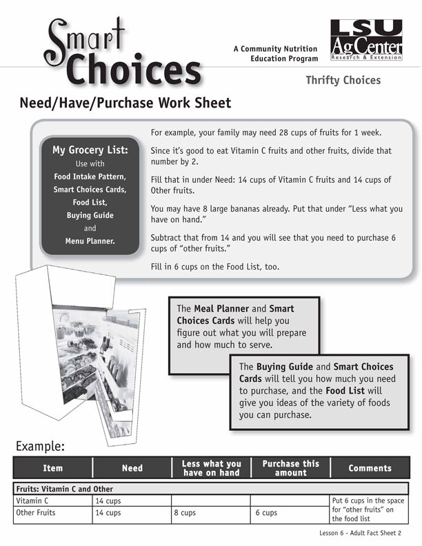 Smart Choices:  Need/Have/Purchase Worksheet