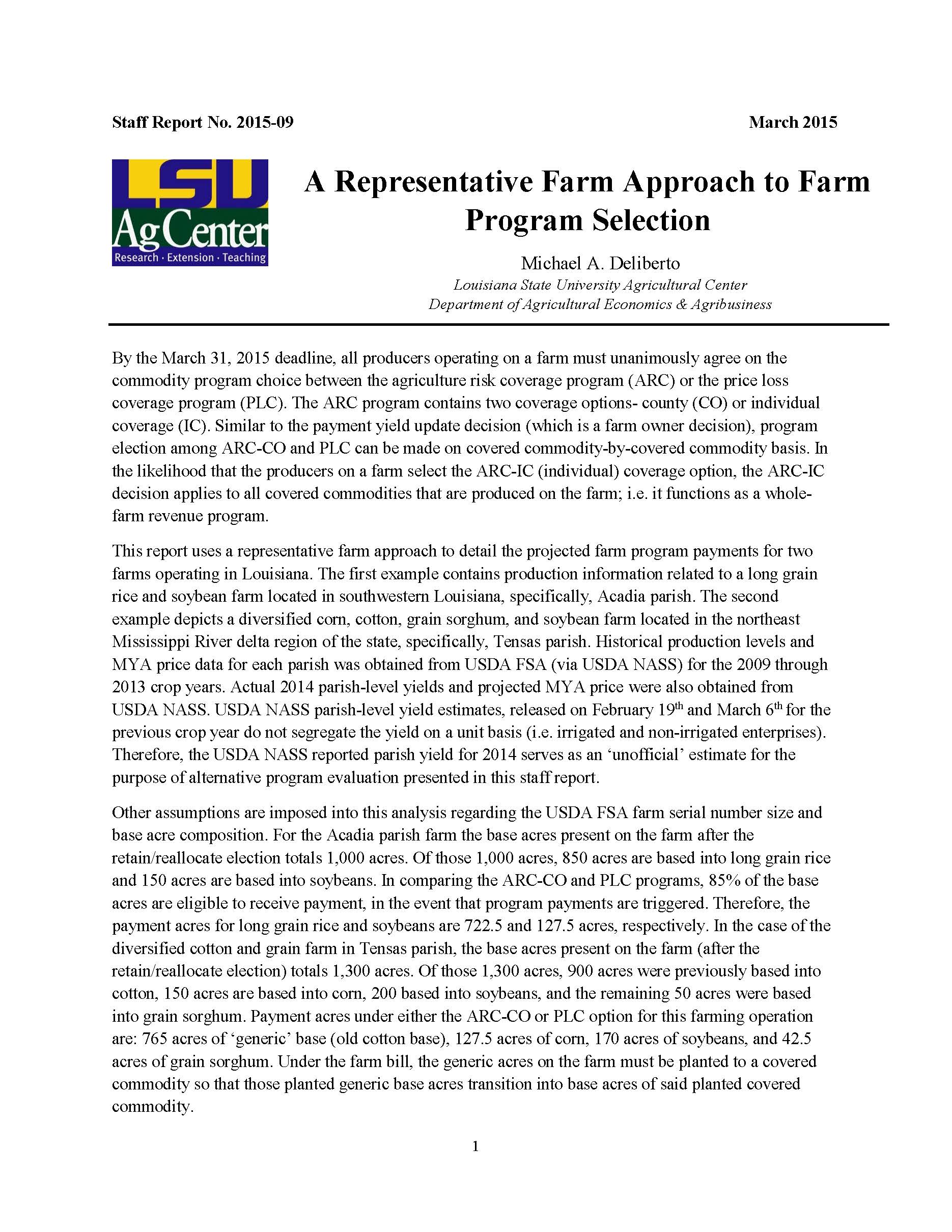 A Representative Farm Approach to Farm Program Selection