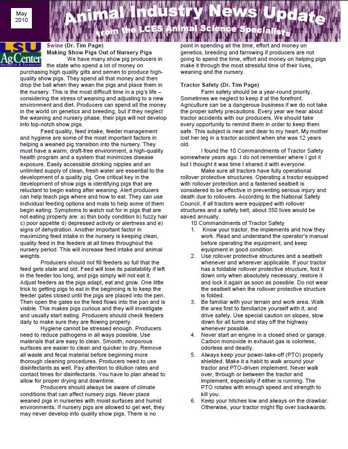 Animal Industry News Update May 2010
