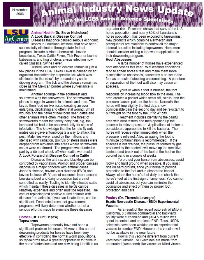 Animal Industry News Update November 2003