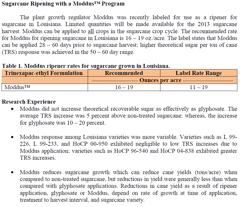 Sugarcane Ripener Recommendations - Moddus Program