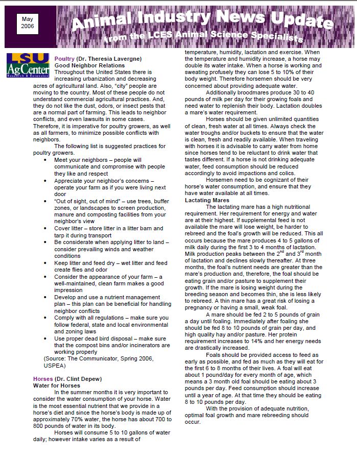 Animal Industry News Update May 2006