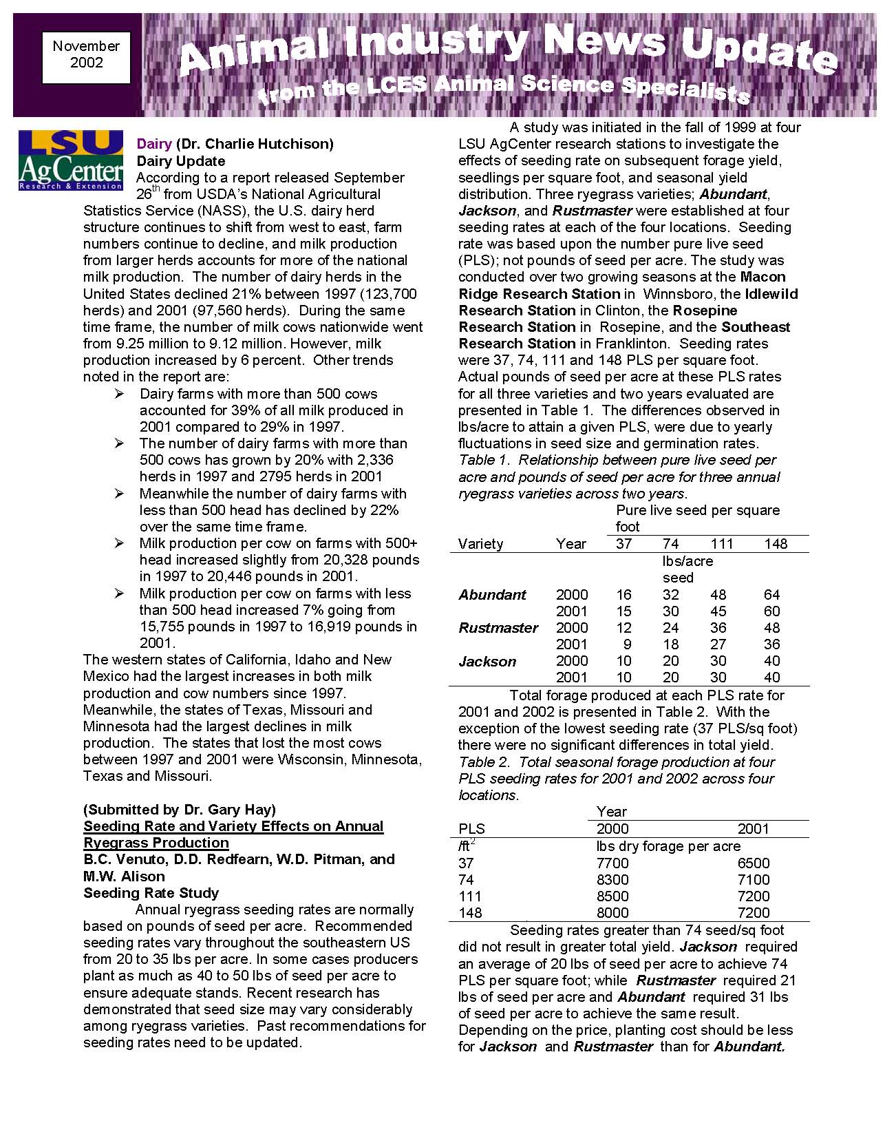Animal Industry News Update from the LCES Animal Science Division November 2002