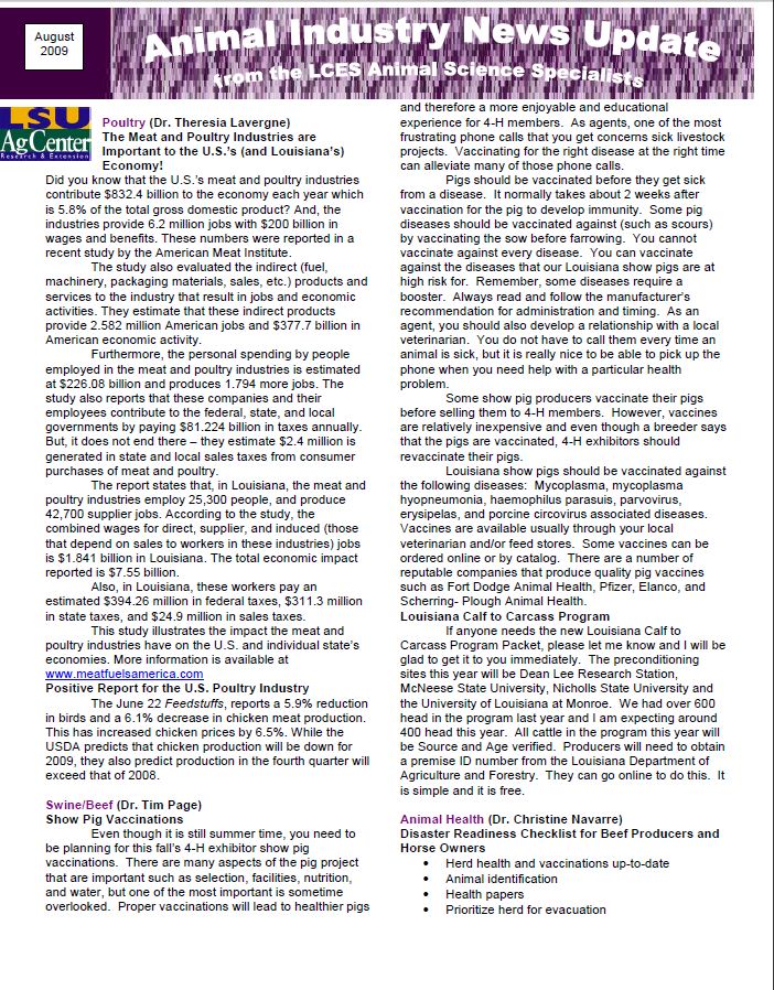 Animal Industry News Update August 2009