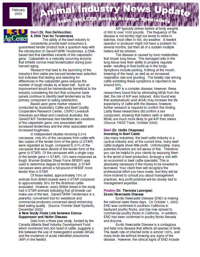 Animal Industry News Update February 2003