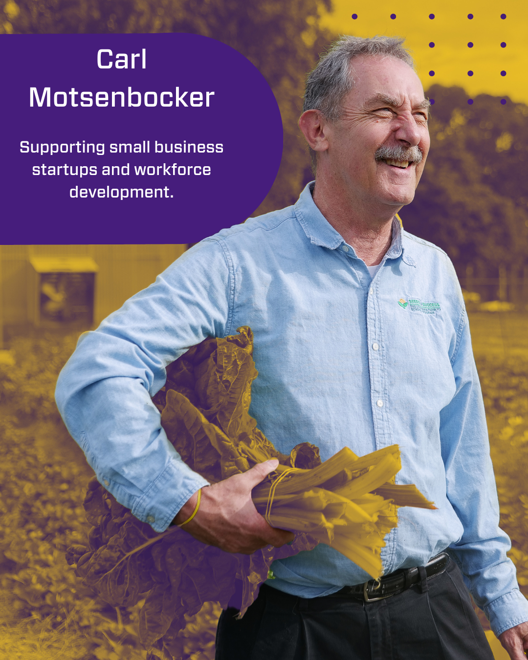 a man holding vegetables and the text: Carl Motsenbocker, Supporting small business startups and workforce development.
