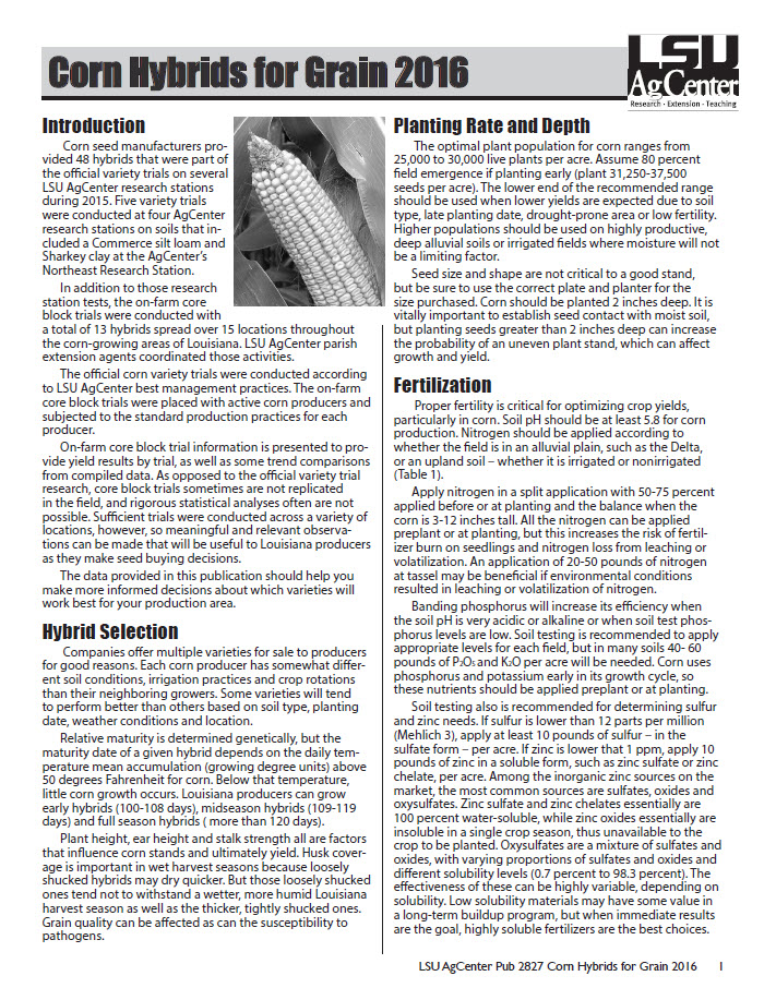 Corn Hybrids for Grain 2016
