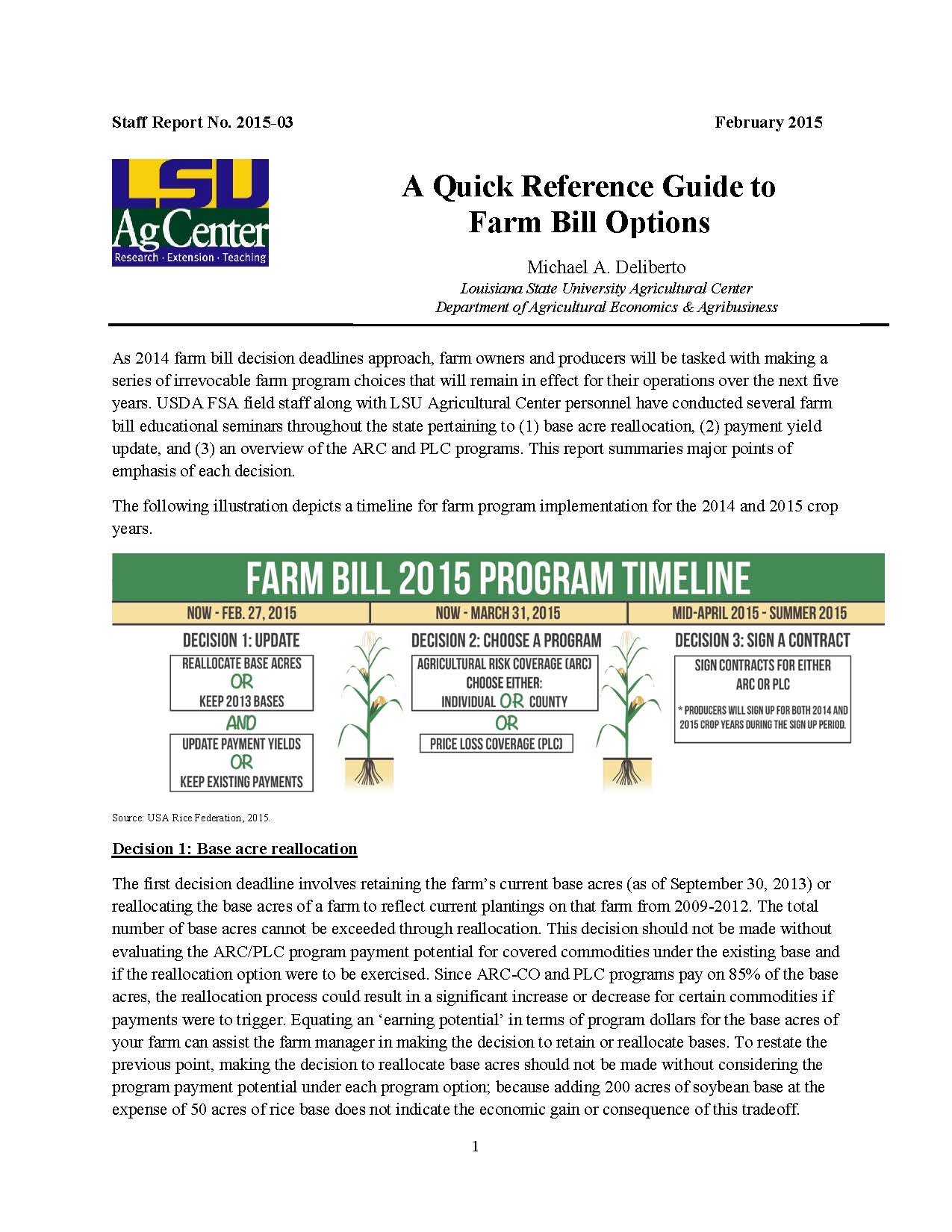 Quick Reference Guide to Farm Bill Options
