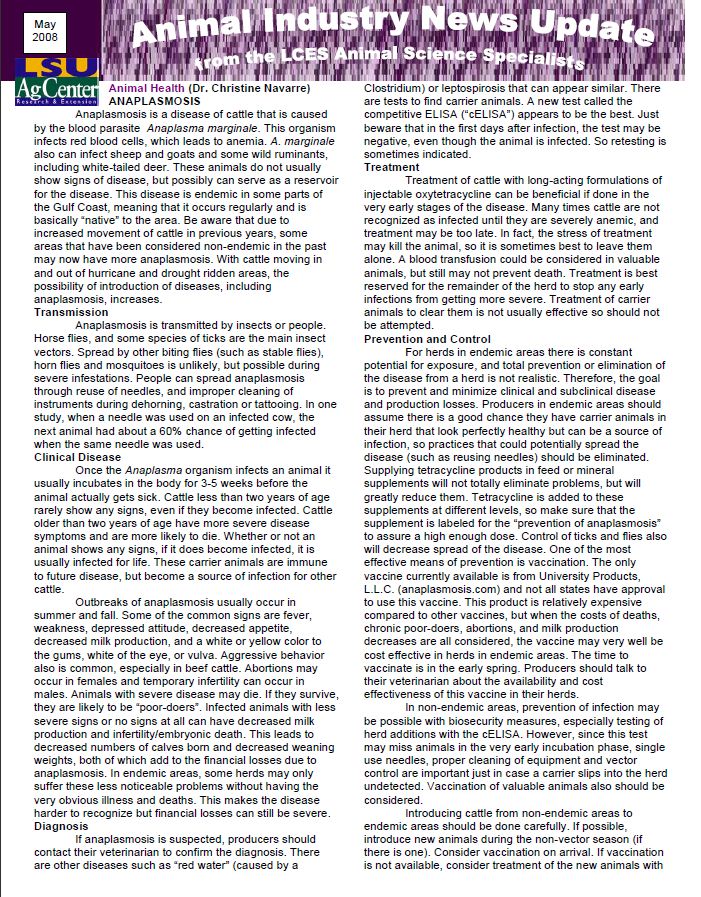 Animal Industry News Update May 2008