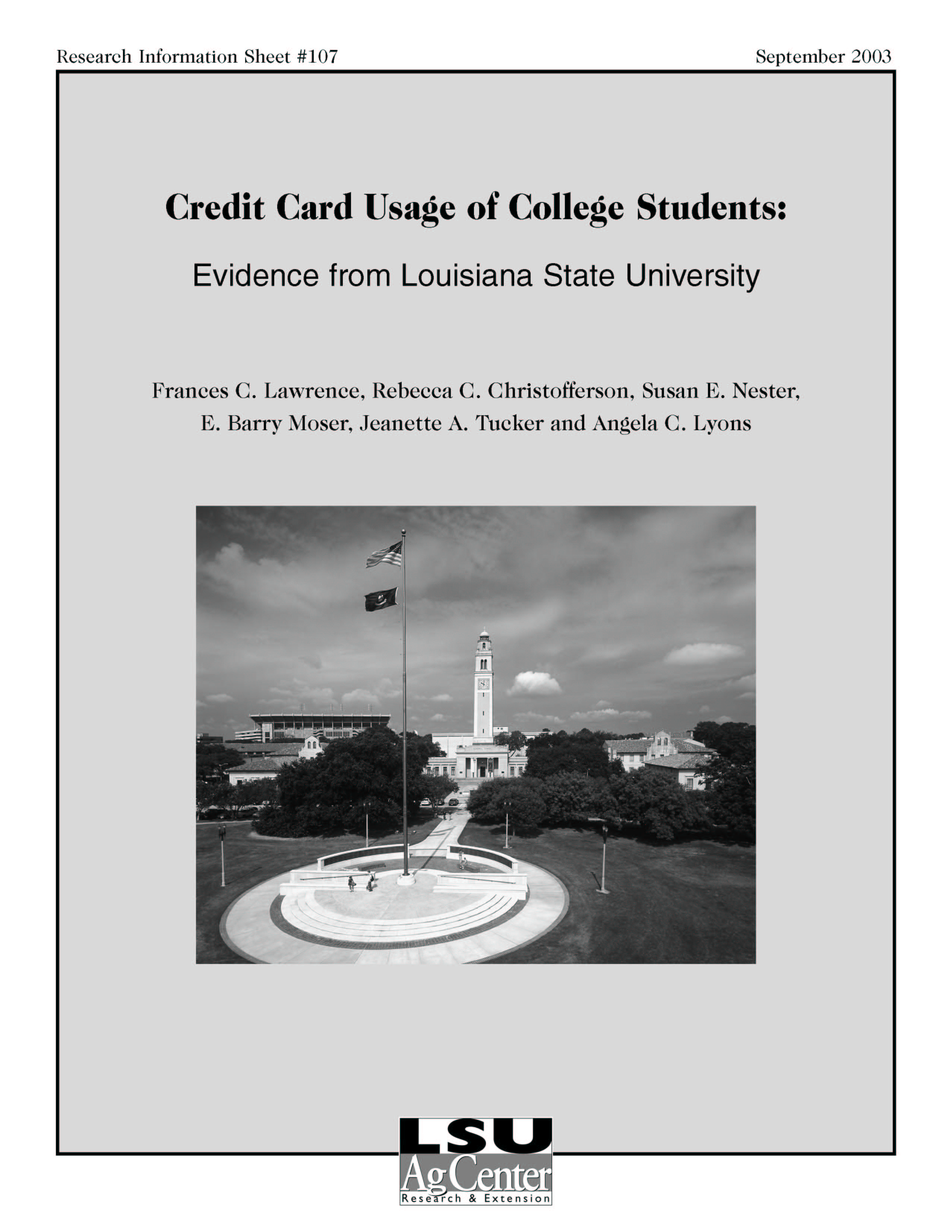 Credit Card Usage of College Students: Evidence from Louisiana State University (September 2003)