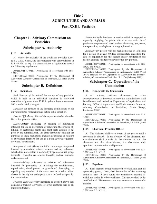 Louisiana Pesticide Rules and Regulations