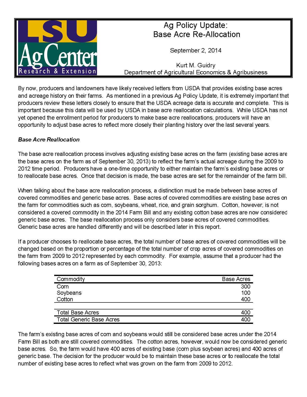 Ag Policy Update: Base Acre Reallocation