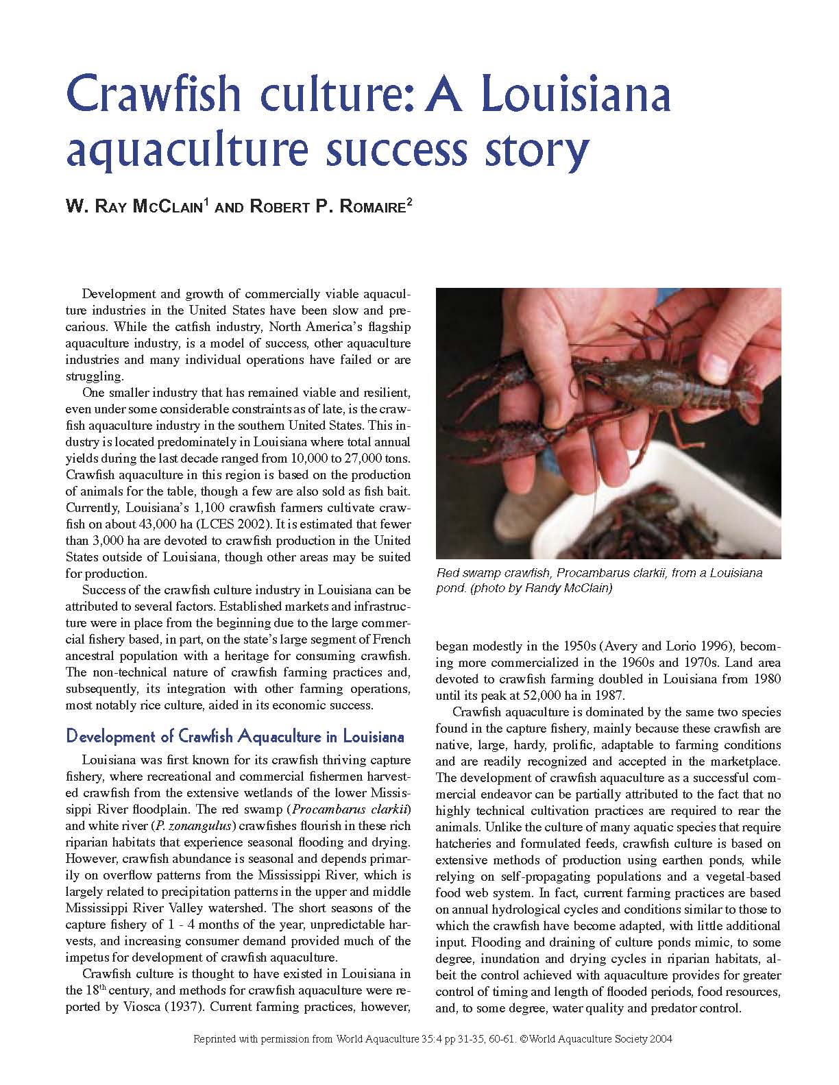Crawfish Culture: A Louisiana Aquaculture Success Story