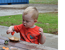 A child seated at a picnic table picks up a strawberry.