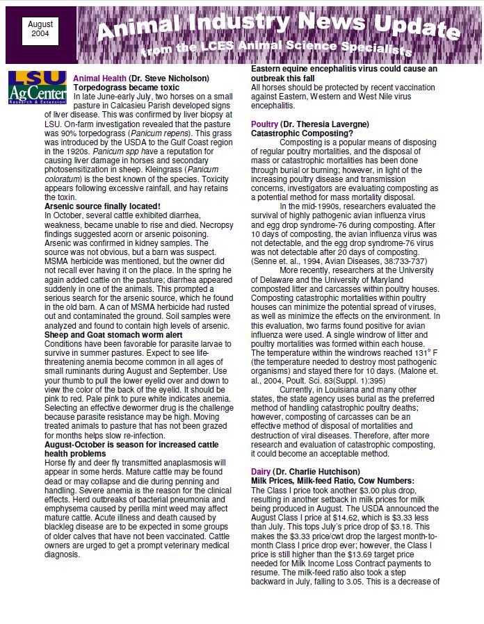 Animal Industry News Update August 2004