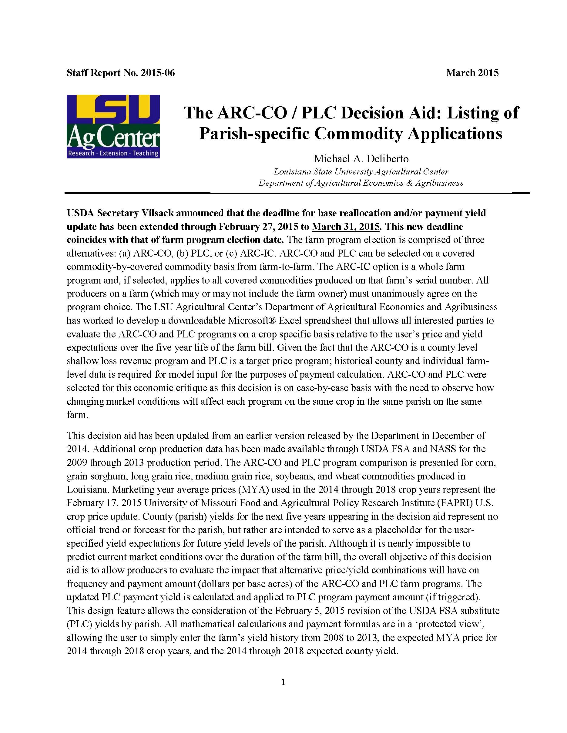 The ARC-CO/PLC Decision Aid: Listing of Parish-specific Commodity Applications