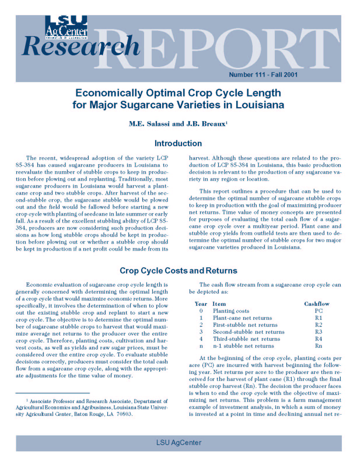 Economically Optimal Crop Cycle Length for Major Sugarcane Varieties in Louisiana (Fall 2001)